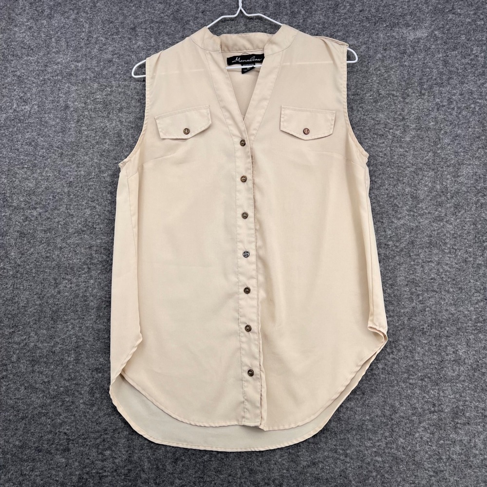 Monalisa Womens Sleeveless Button Down Blouse Beige Tan Split V-Neck Medium